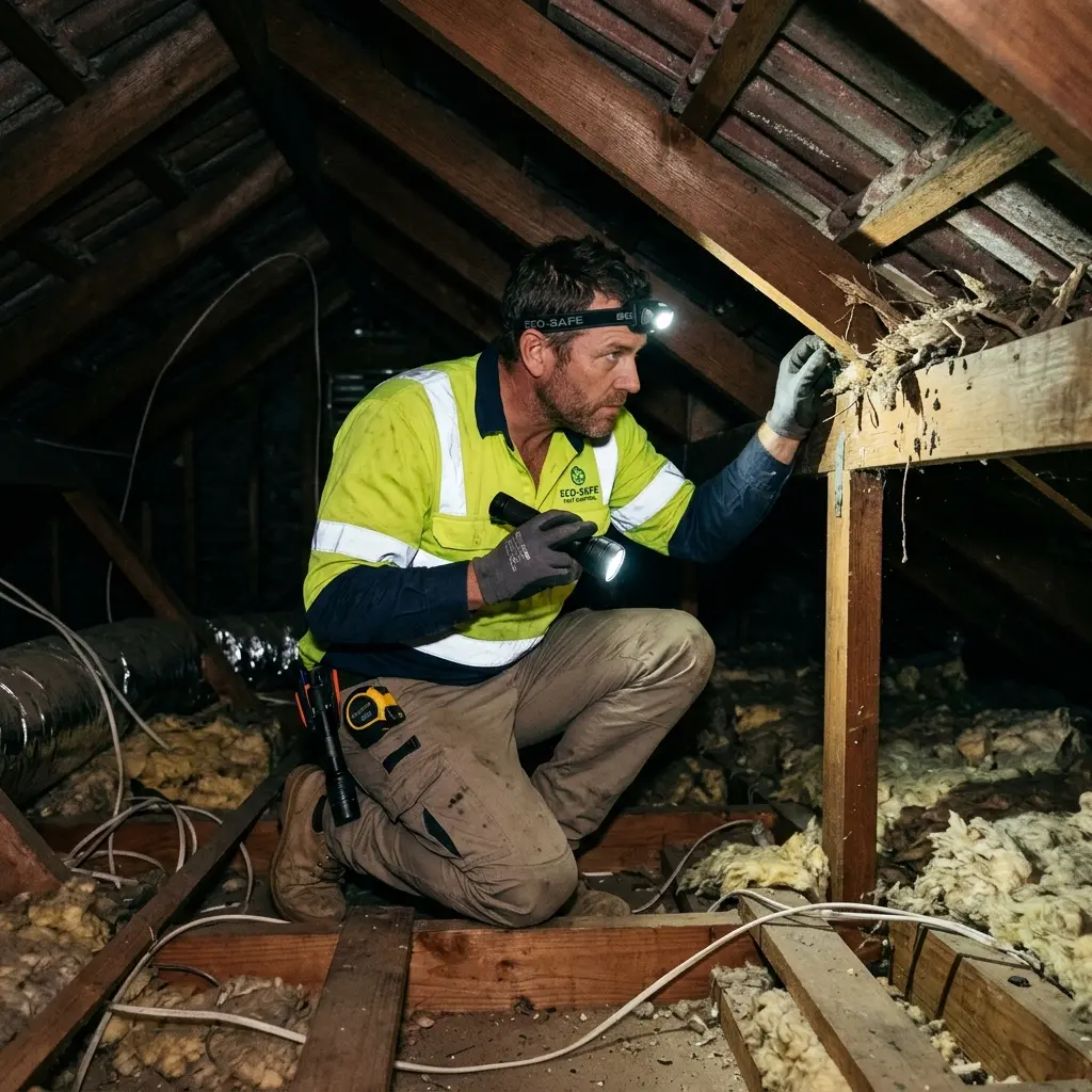 Technician inspecting a roof cavity for a dead animal in Northcote